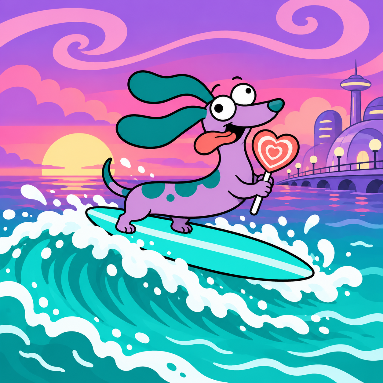 Vappy the dachshund surfing with a heart lollipop